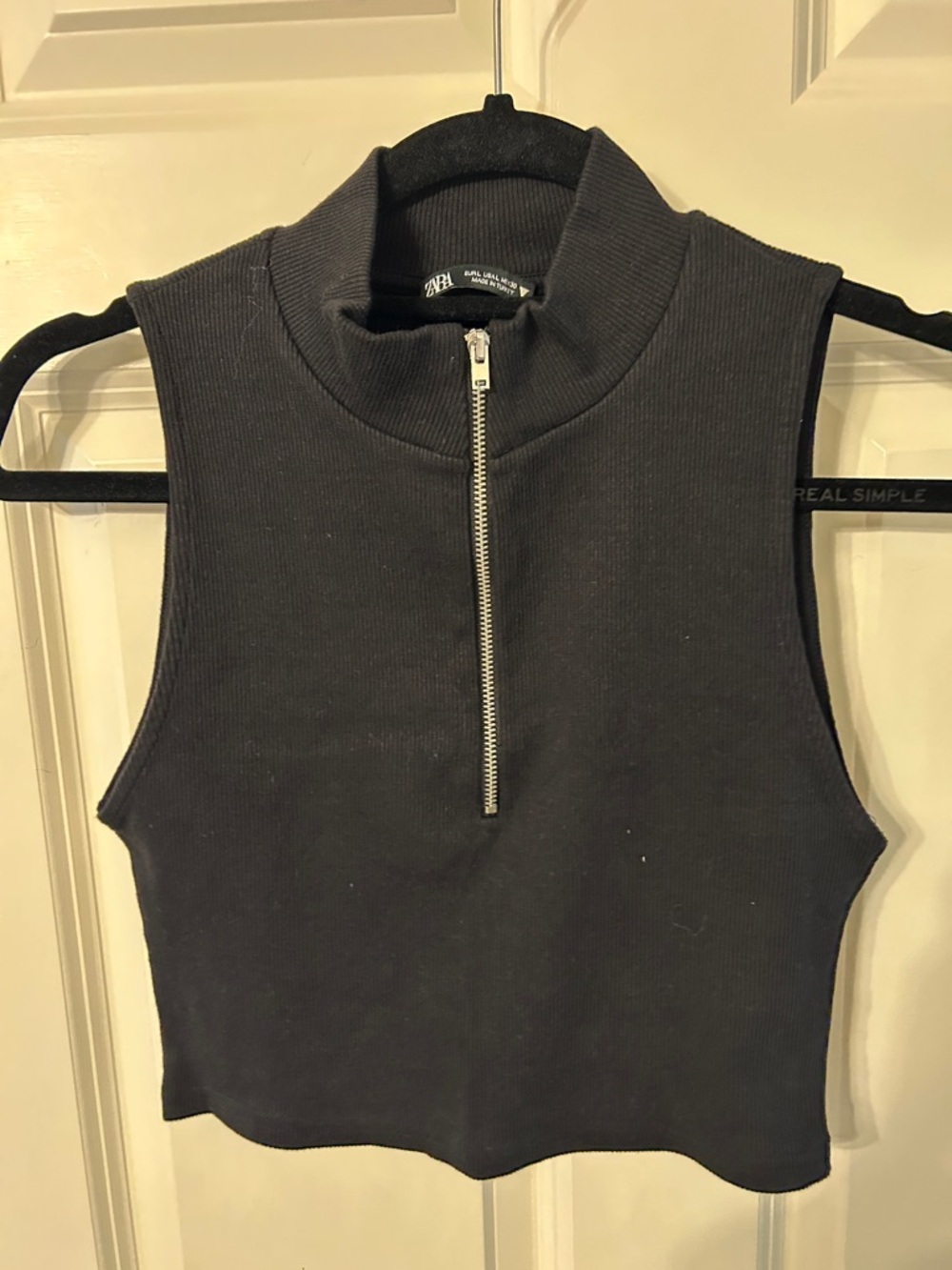 Zara Black Ribbed Sleeveless Half-Zip Crop Top